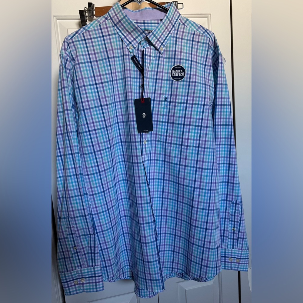 Izod Men's Blue and Purple Checkered Shirt